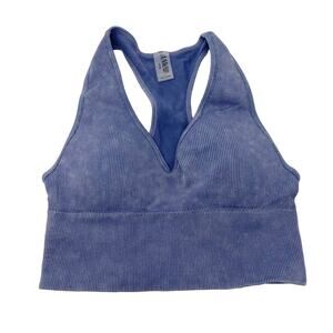 Anwnd Active Small Blue Ribbed V Neck Racerback Sports Bra Acid Wash Inner Cups